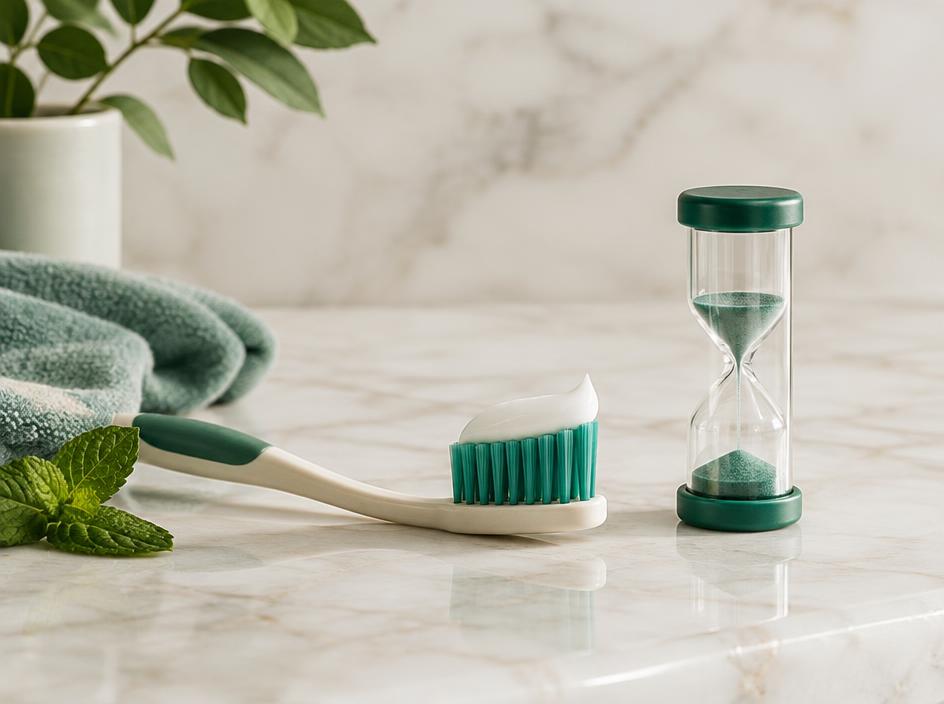 Toothbrush beside a two-minute timer