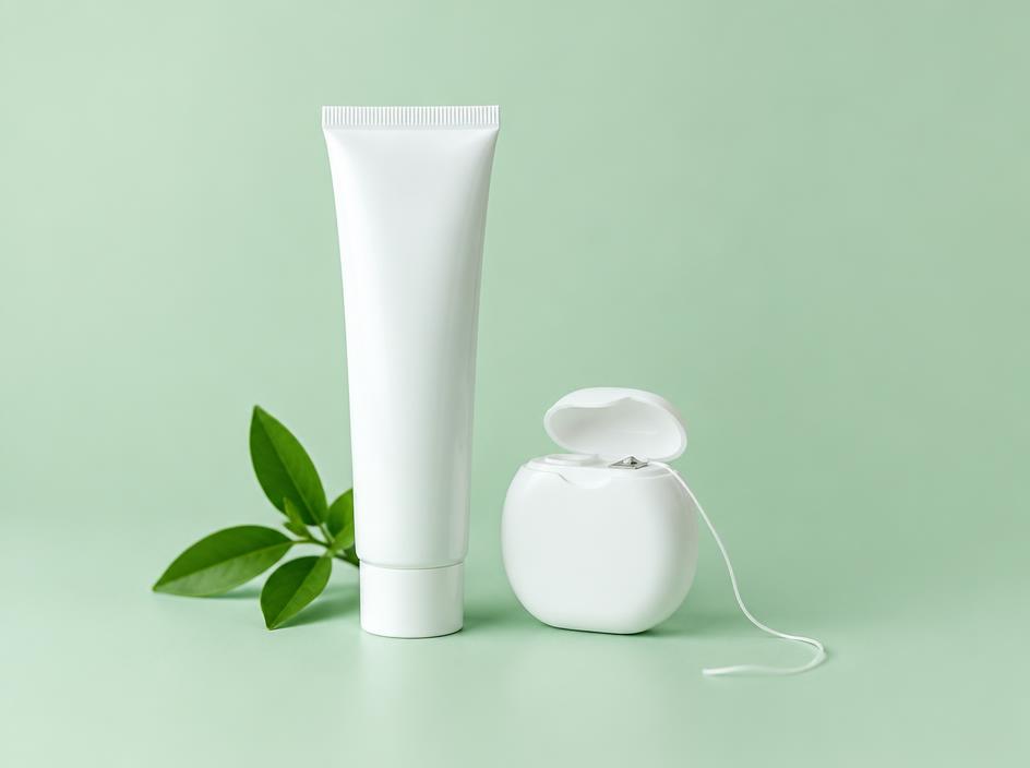 Dental floss beside a toothpaste tube