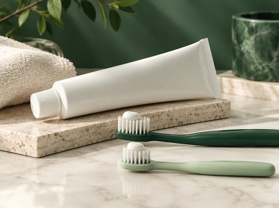Unbranded toothpaste tube with adult and child toothbrushes