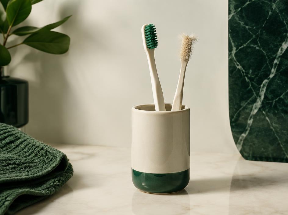 A new toothbrush next to a worn, frayed toothbrush