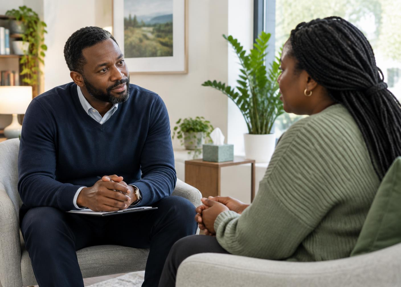 Therapist listening attentively during a confidential psychotherapy session